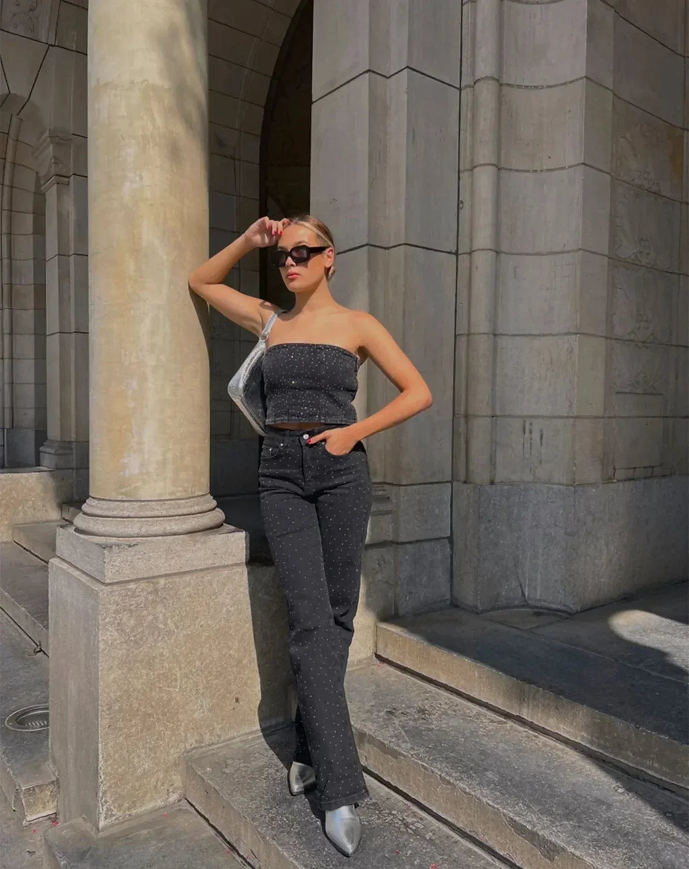 LUNA - Damesjeans met glitterdetail en hoge taille