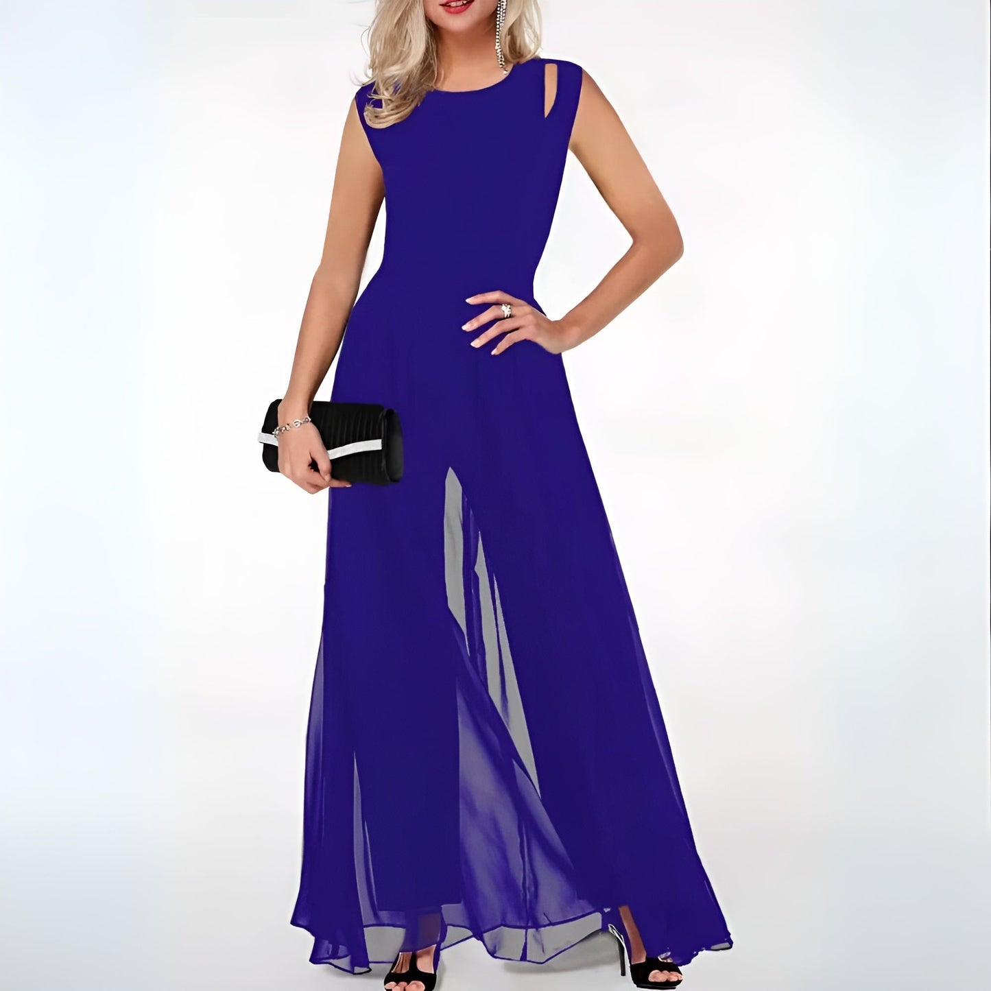 ELODIE - Soepelvallende mouwloze chiffon maxi-jurk voor dames