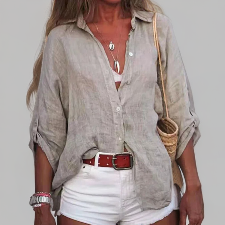 Casual linnen damesblouse met opgerolde mouwen – LioraLinnen - Glamorix