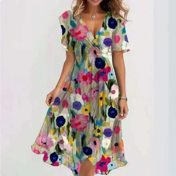 Chiffon Midi-jurk met V-hals en Korte Mouwen voor Dames – Aelora - Glamorix