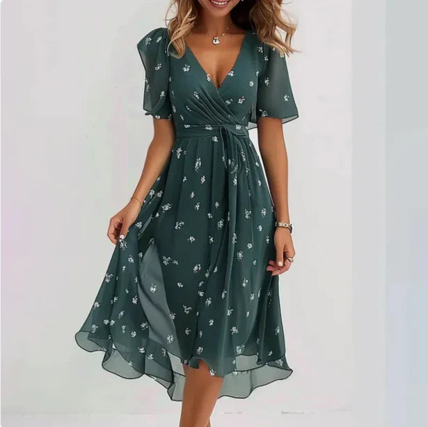 Chiffon Midi-jurk met V-hals en Korte Mouwen voor Dames – Aelora - Glamorix
