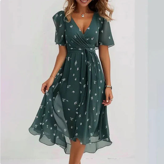 Chiffon Midi-jurk met V-hals en Korte Mouwen voor Dames – Aelora - Glamorix
