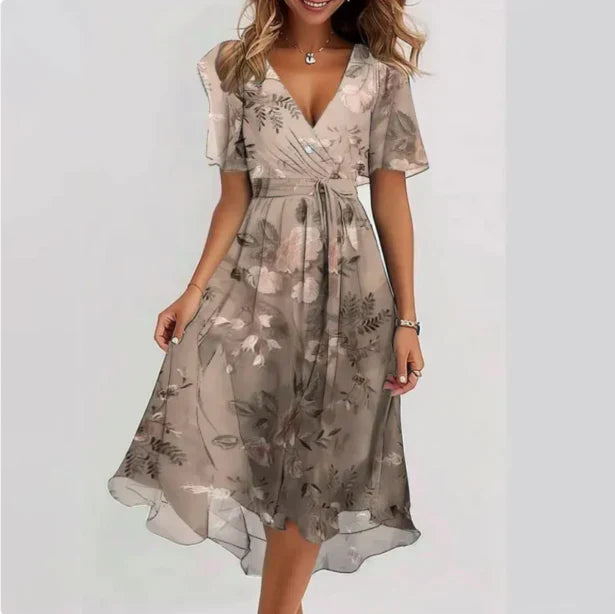 Chiffon Midi-jurk met V-hals en Korte Mouwen voor Dames – Aelora - Glamorix