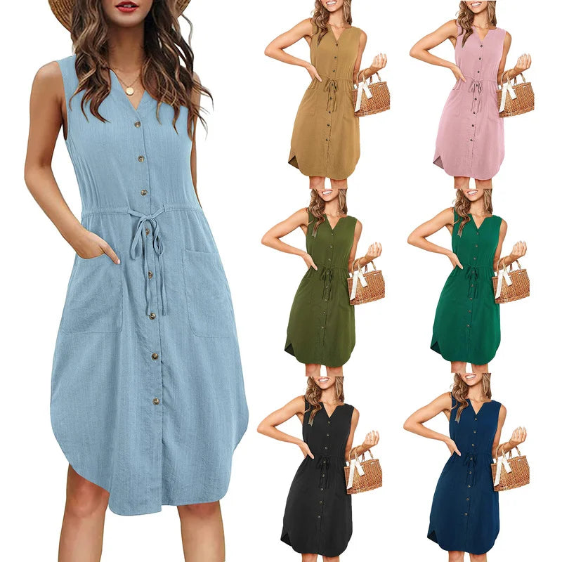 Luchtige zomerjurk met knoopsluiting en elegante snit – LunaraLijn - Glamorix