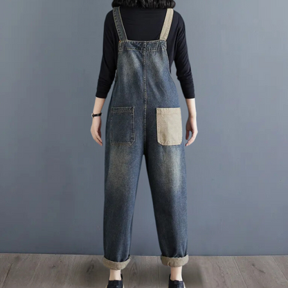 LOU - Vintage denim patchwork tuinbroek voor dames
