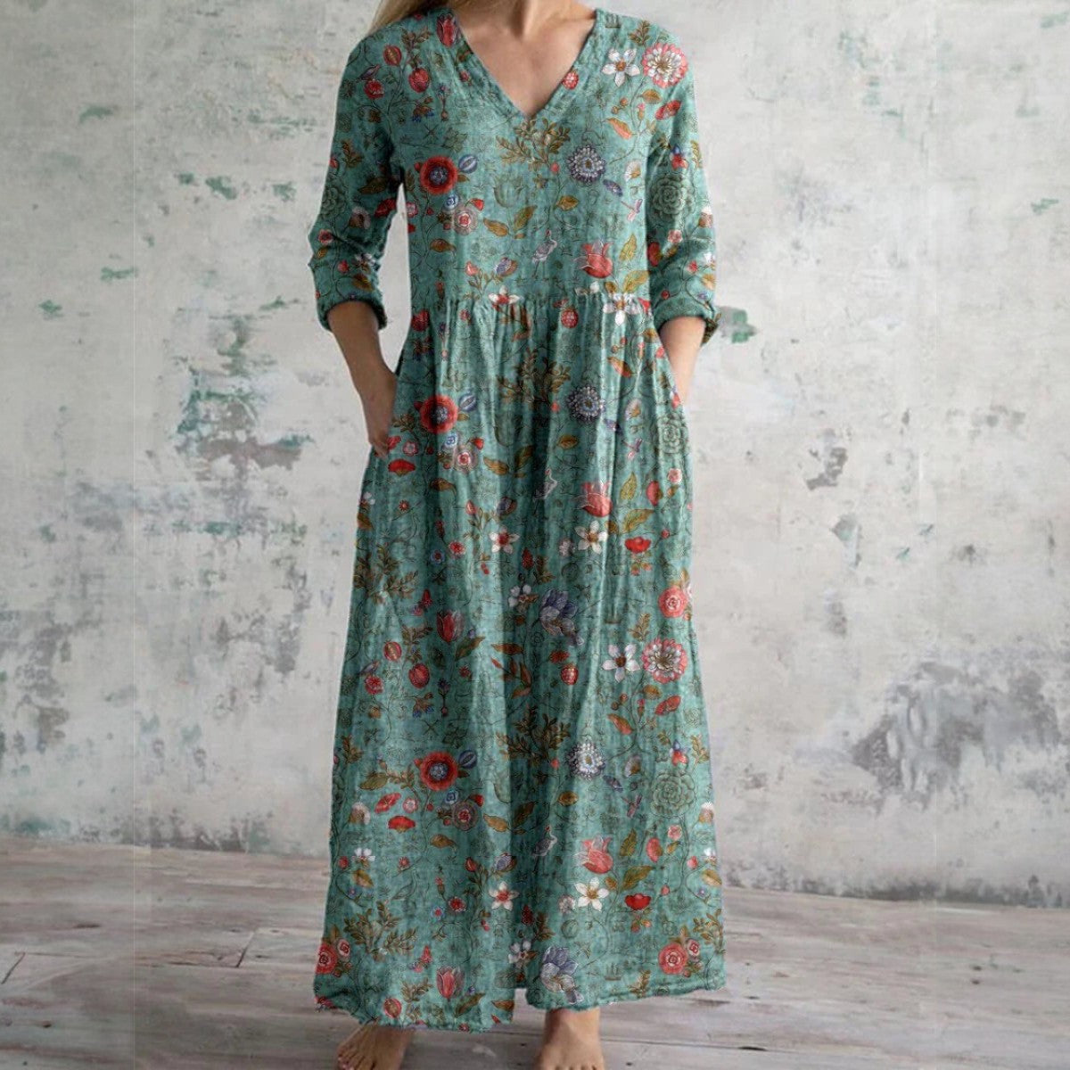 Elegante dames maxi-jurk met V-hals en 3/4 mouwen – SERENA FALL - Glamorix