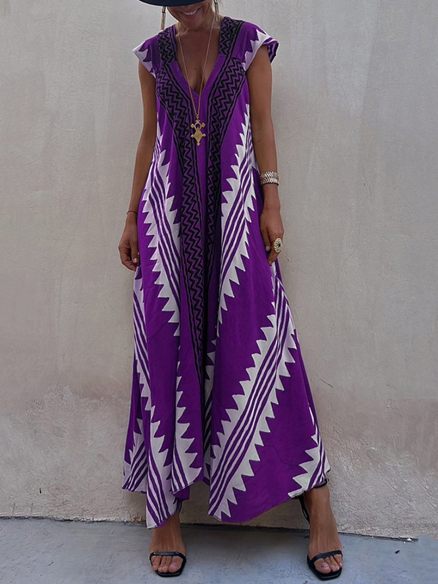 Luchtige maxi damesjurk met diepe V-hals en wijde mouwen – ALMA VIVA - Glamorix