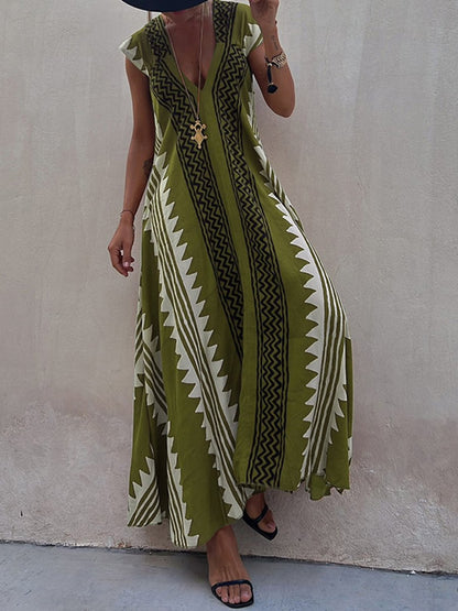 Luchtige maxi damesjurk met diepe V-hals en wijde mouwen – ALMA VIVA - Glamorix