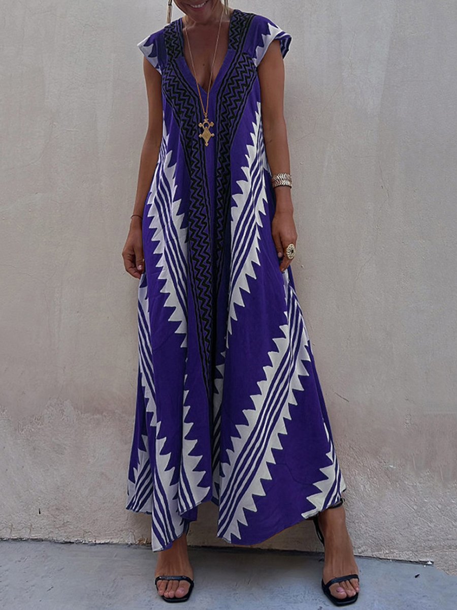 Luchtige maxi damesjurk met diepe V-hals en wijde mouwen – ALMA VIVA - Glamorix