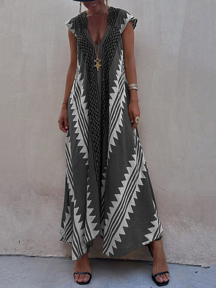 Luchtige maxi damesjurk met diepe V-hals en wijde mouwen – ALMA VIVA - Glamorix