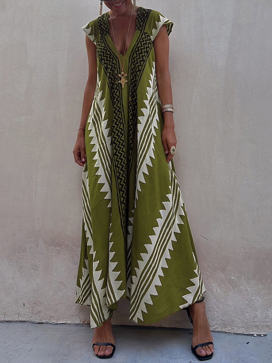 Luchtige maxi damesjurk met diepe V-hals en wijde mouwen – ALMA VIVA - Glamorix