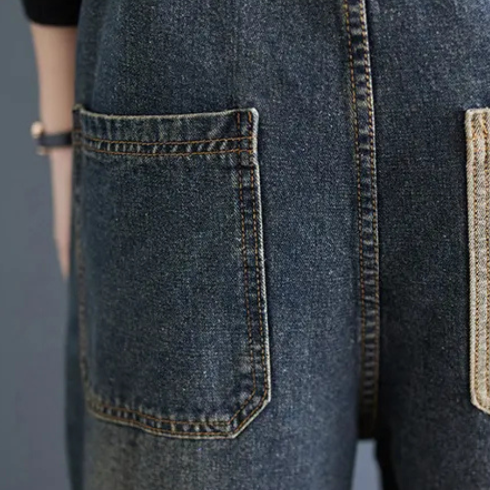 LOU - Vintage denim patchwork tuinbroek voor dames