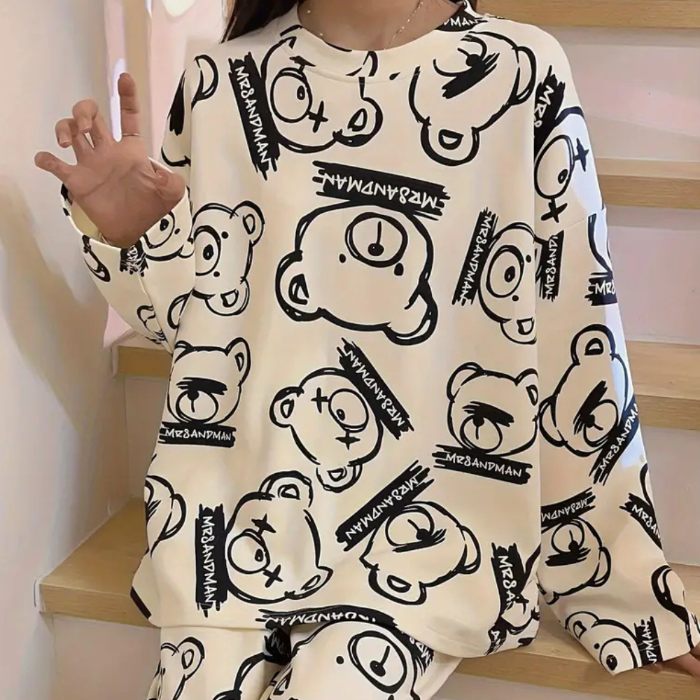 Zachte damespyjama met schattige berenprint – NOELYN - Glamorix