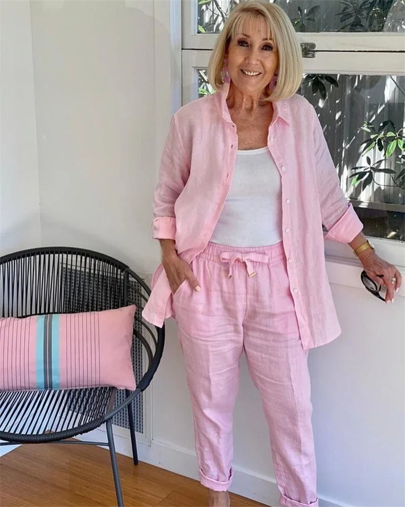 Linnen dames zomer set met korte mouwen en shorts – ZAYLA LINNEN - Glamorix