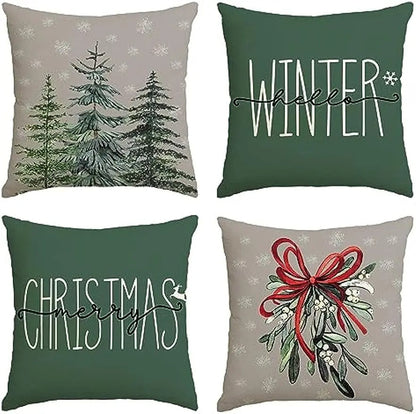 WINTERJOY – Kleurige kerst kussenhoes met 'Merry Christmas Tree' en 'Hello Winter' ontwerp