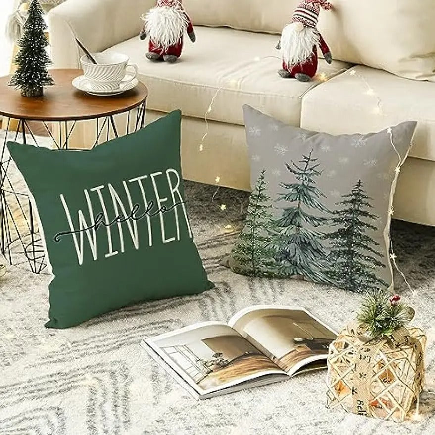 WINTERJOY – Kleurige kerst kussenhoes met 'Merry Christmas Tree' en 'Hello Winter' ontwerp