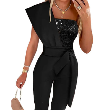 Glamoureuze glitter jumpsuit met asymmetrische schouder – LunariaGlam - Glamorix