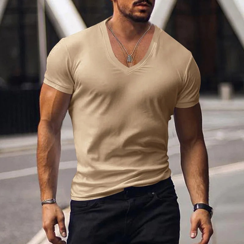 Heren slim fit T-shirt met diepe V-hals – NERO V-SHAPE - Glamorix