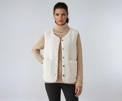 ELORA – Dames wollen bodywarmer met knopen en zakken - Glamorix