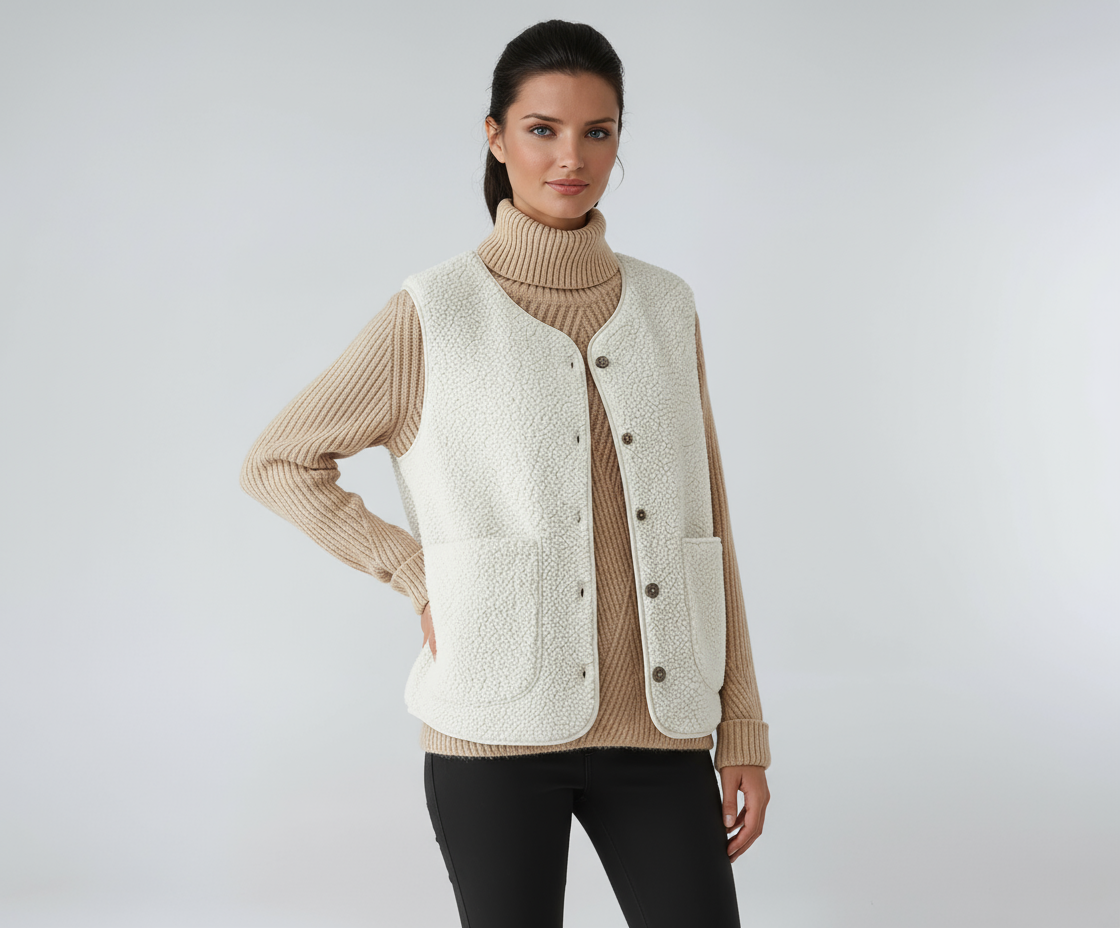ELORA – Dames wollen bodywarmer met knopen en zakken - Glamorix