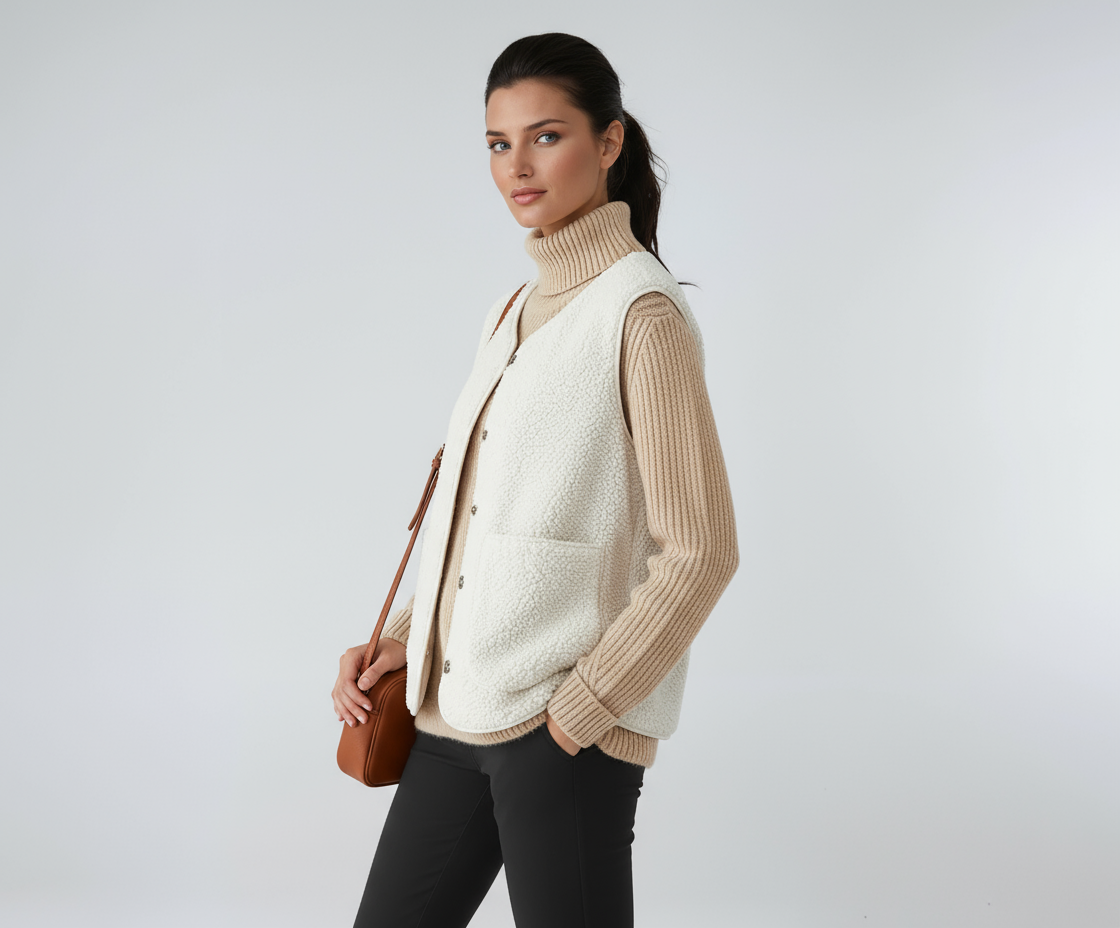 ELORA – Dames wollen bodywarmer met knopen en zakken - Glamorix