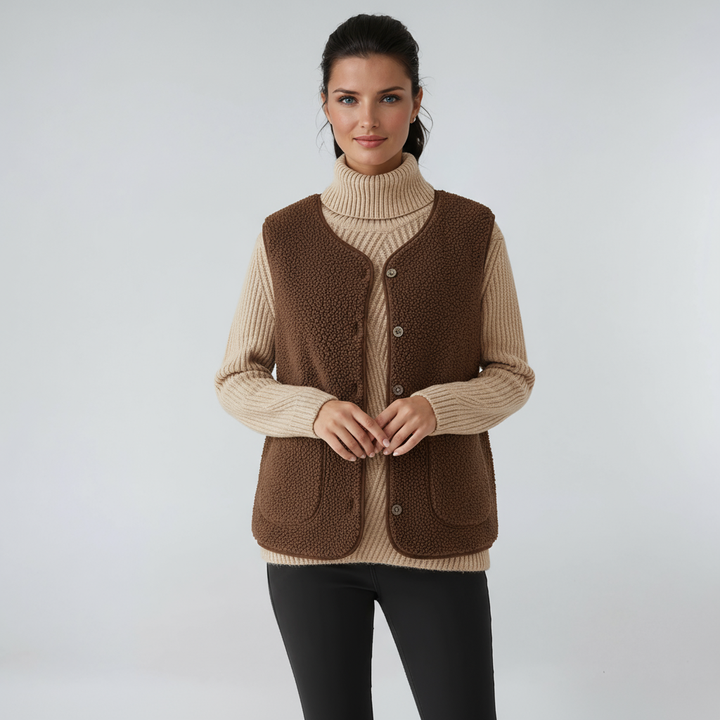 ELORA – Dames wollen bodywarmer met knopen en zakken - Glamorix
