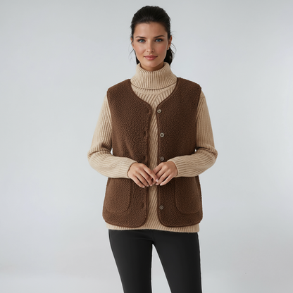 ELORA – Dames wollen bodywarmer met knopen en zakken - Glamorix