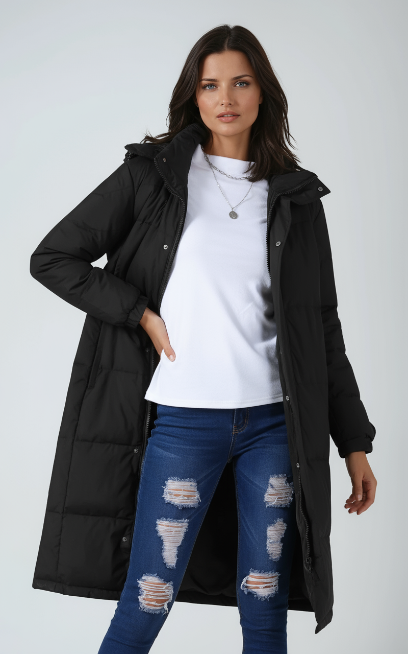 IRIS – Lange gewatteerde dames winterjas met capuchon - Glamorix