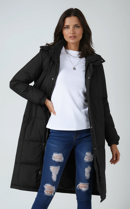 IRIS – Lange gewatteerde dames winterjas met capuchon - Glamorix