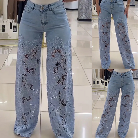 Transparante damesjeans met bloemmotief en rechte pijpen – LORENZA FLORAL MESH - Glamorix