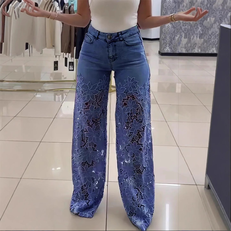 Transparante damesjeans met bloemmotief en rechte pijpen – LORENZA FLORAL MESH - Glamorix