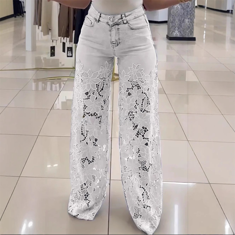 Transparante damesjeans met bloemmotief en rechte pijpen – LORENZA FLORAL MESH - Glamorix
