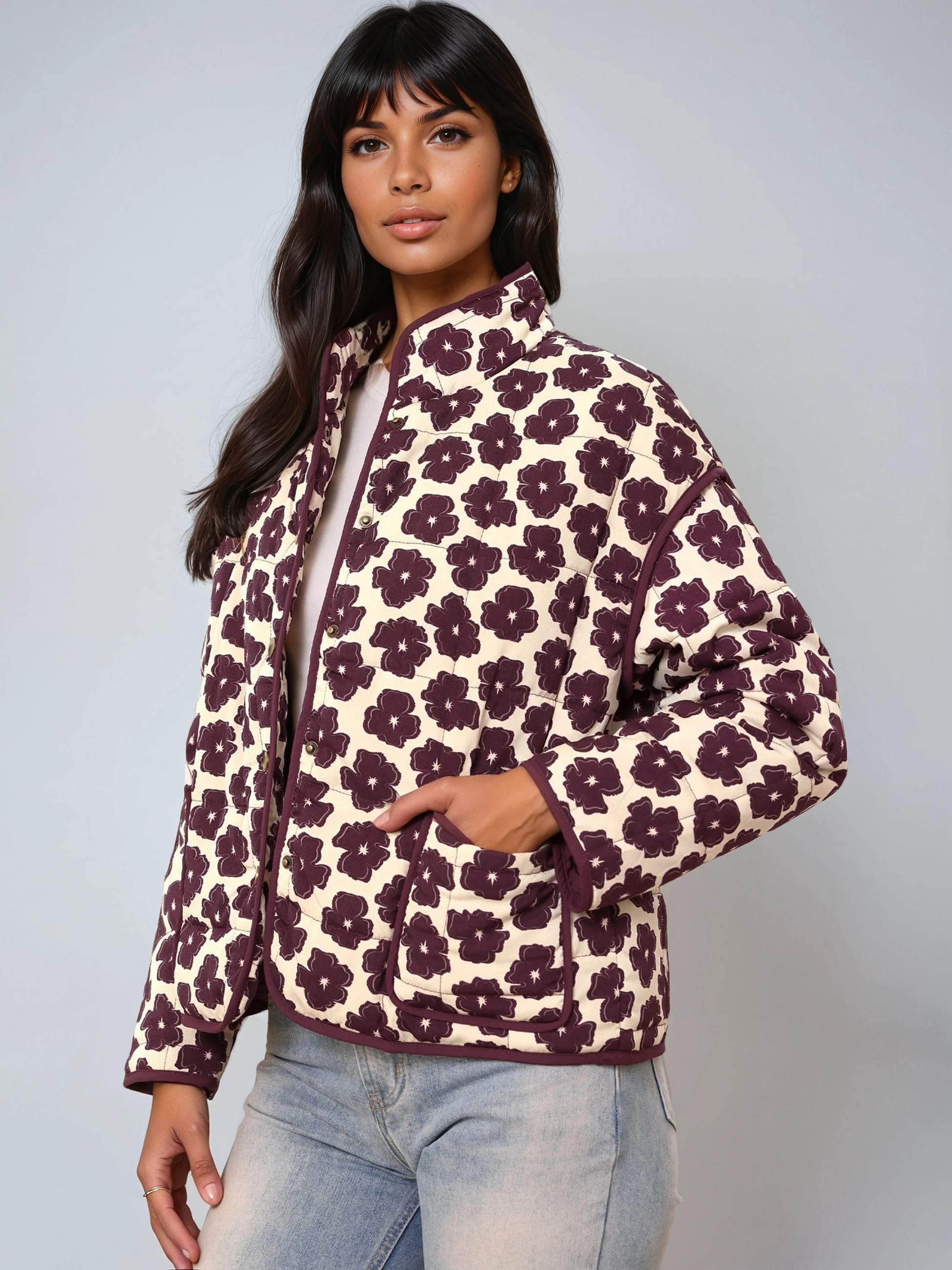 MIRELLE – Dames tussenjas met bloemenprint en knoopsluiting - Glamorix