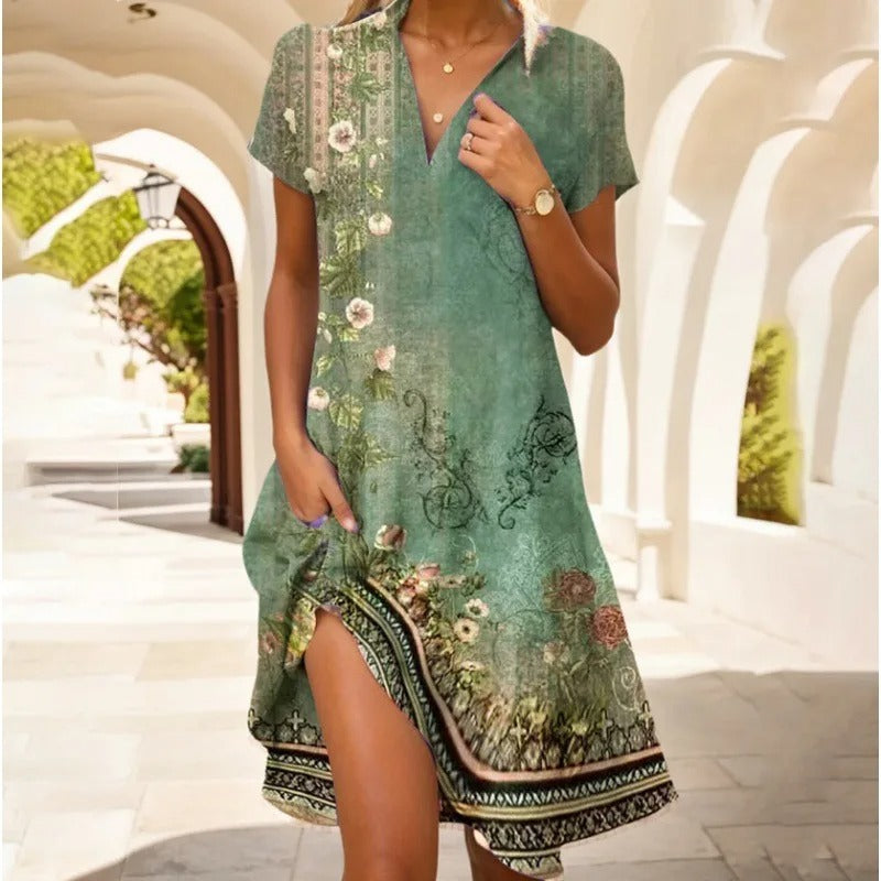 Dames - Zomerjurk - Luchtige Pasvorm - V-hals - Boho Stijl - Glamorix