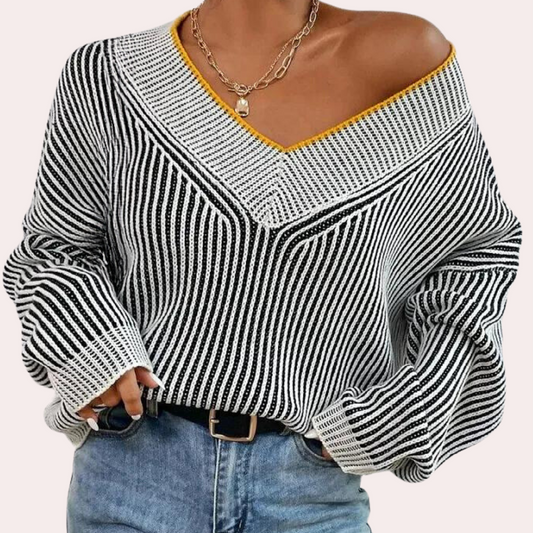 Gestreepte off-shoulder damestrui van gebreid materiaal – NÉLIA - Glamorix